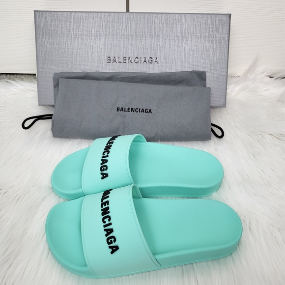 NIB BALENCIAGA Mint and Black Pool Slide Sandal Slippers Size 37 - Picture 7 of 8